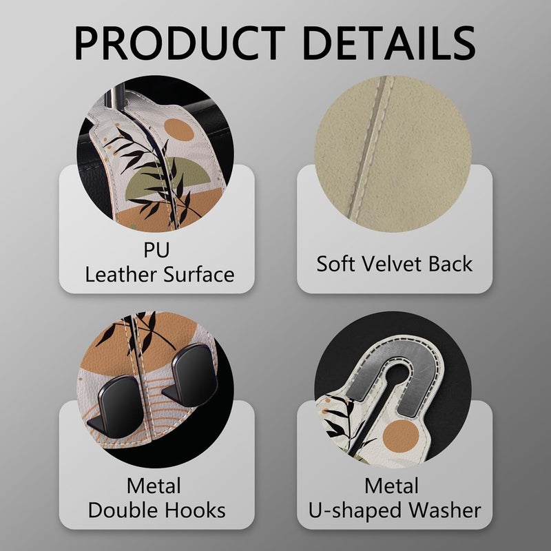 Blusabaca 2PCS Car Seat Back Storage Headrest Hooks, Abstract Boho Leaves Purse Holder Bags Hanger, PU Leather Double Metal Hook Backseat Organizer, Women Car Accessories Organization - Image 4